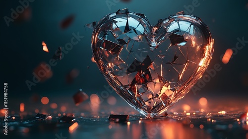 A broken glass heart with sharp, scattered fragments illuminated by soft light, symbolizing heartbreak and fragility photo