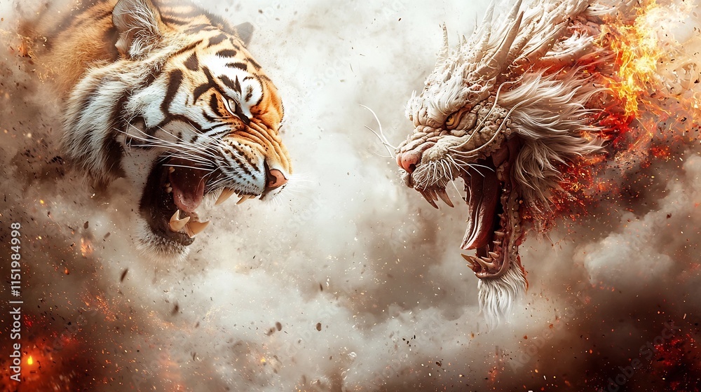 of a tiger and dragon engaged in a dynamic martial arts battle surrounded by a cheering crowd of other animals waving flags in a vivid of traditional culture and fantasy of a tiger and dragon engaged in a dynamic martial arts battle surrounded by a cheering crowd of other animals waving flags in a vivid of traditional culture and fantasy
