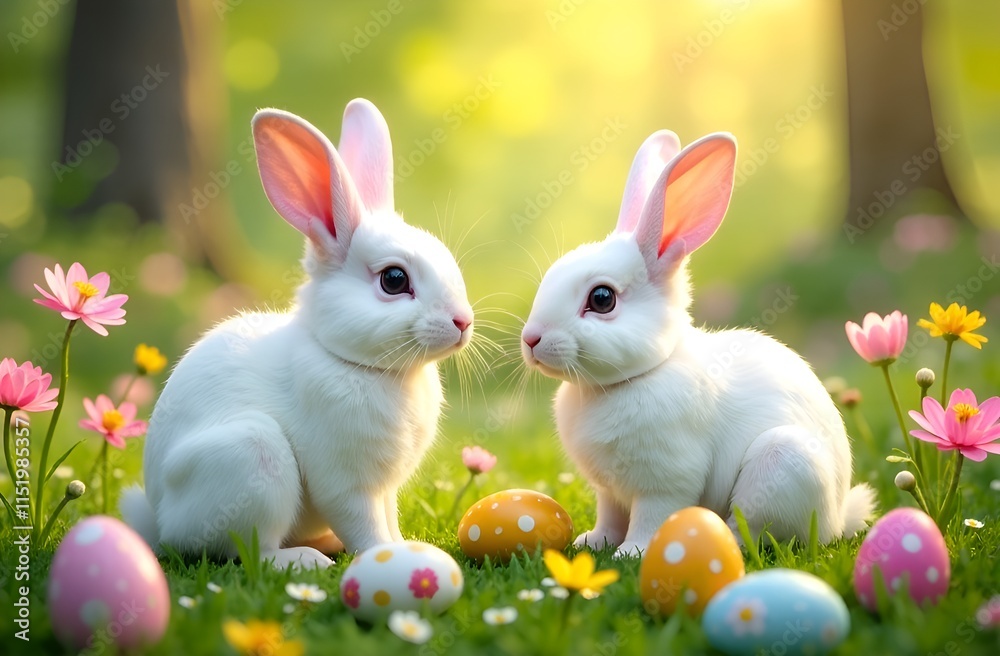 Easter white bunnies with Easter eggs in basket on floral field.
