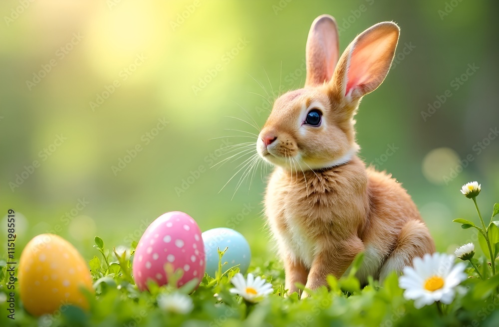 Fototapeta premium Easter white bunny with Easter eggs in basket on floral field. Copy space.