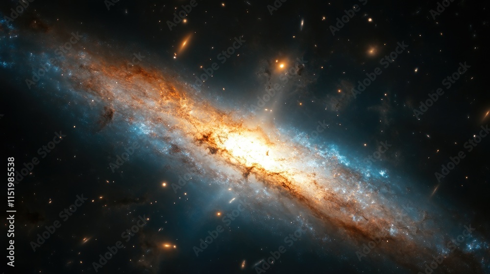 A galaxy distorted by time-space dilation, with light bending dramatically around a central point A galaxy distorted by time-space dilation, with light bending dramatically around a central point