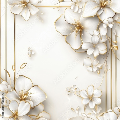 An elegant wedding invitation background featuring a delicate arrangement of white and gold flowers. photo