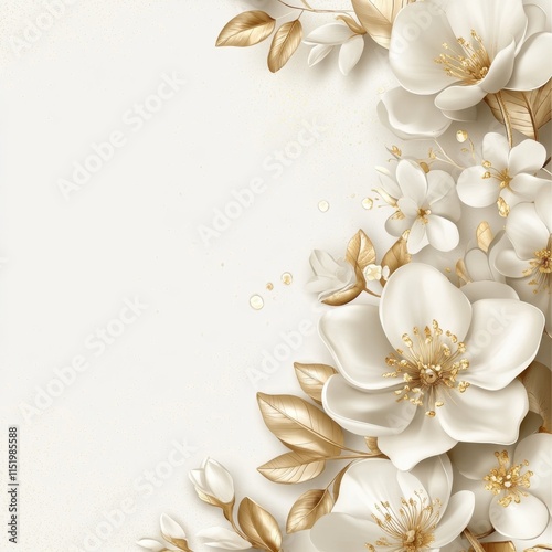 An elegant wedding invitation background featuring a delicate arrangement of white and gold flowers. photo