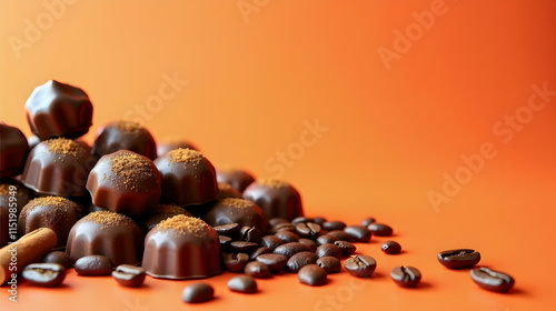 Indulge in Decadence: A delightful mound of rich dark chocolate truffles, adorned with a sprinkle of cinnamon, rests alongside aromatic coffee beans on a vibrant orange backdrop. photo