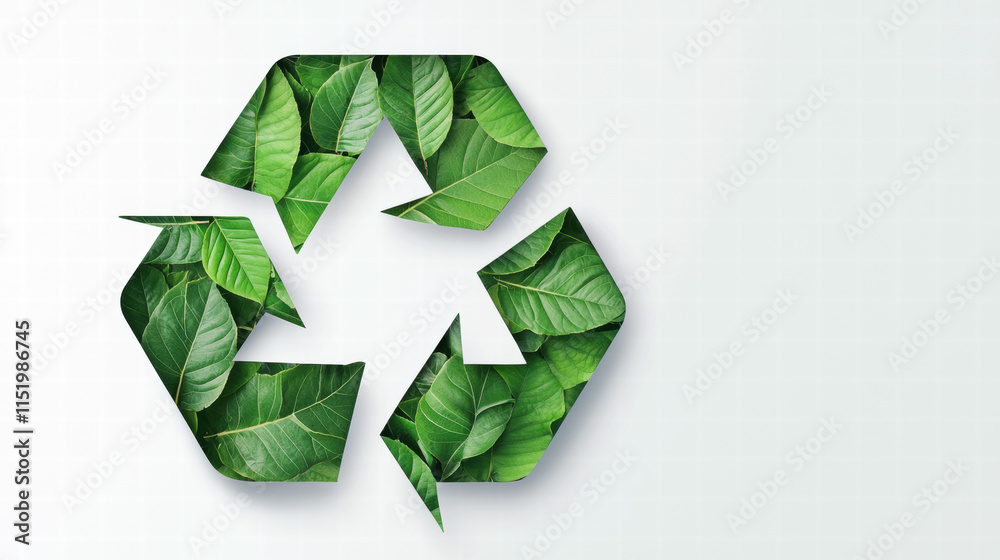 Recycle conservation renewal sustainability concept. Recycling symbol made of green leaves on a light background, symbolizing sustainability and nature. Recycle conservation renewal sustainability concept. Recycling symbol made of green leaves on a light background, symbolizing sustainability and nature.