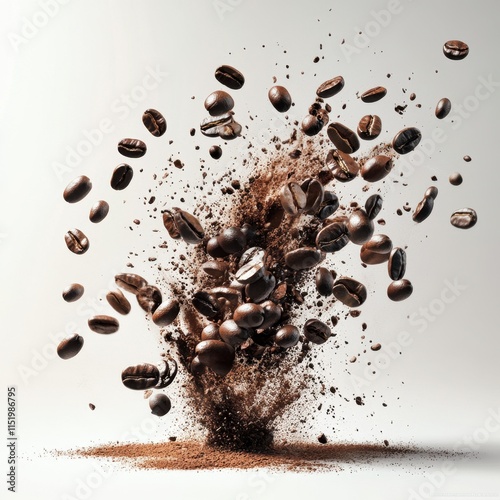 An explosion of coffee beans splashes into the air, captured in mid-flight against a transparent background. photo