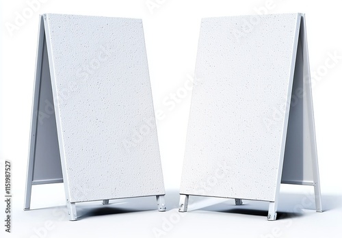A collection of blank white metallic outdoor stand mockups, shown in isolation from the front and side, rendered in 3D. Includes a clear street signage board mockup and an A-board with a metal frame