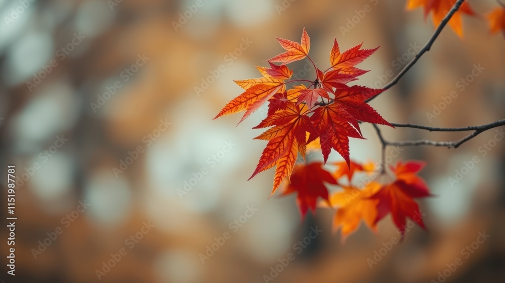 A close-up of vibrant red and orange maple leaves with blurred background showing hints of fall colors