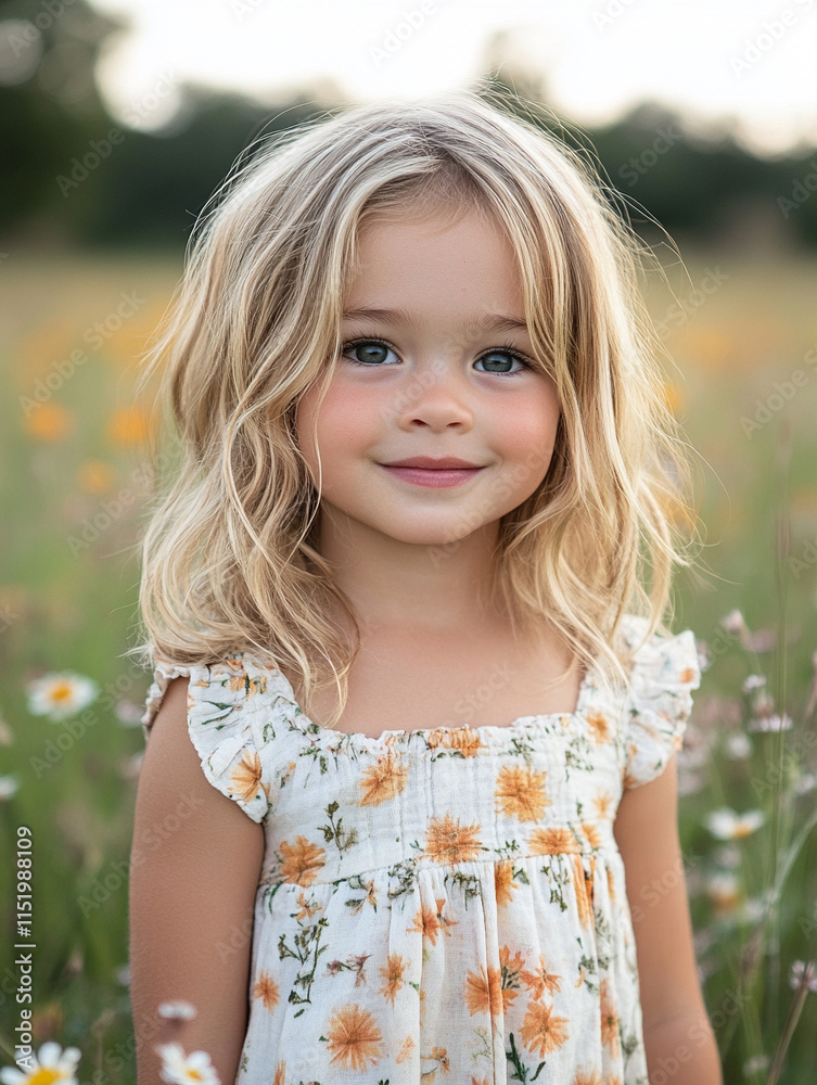 Young girl smiles in a flower-filled field at sunset Young girl smiles in a flower-filled field at sunset