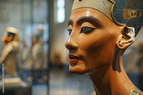 Profile view of nefertiti bust highlighting ancient egyptian makeup, headdress, and royal symbols, displayed in museum