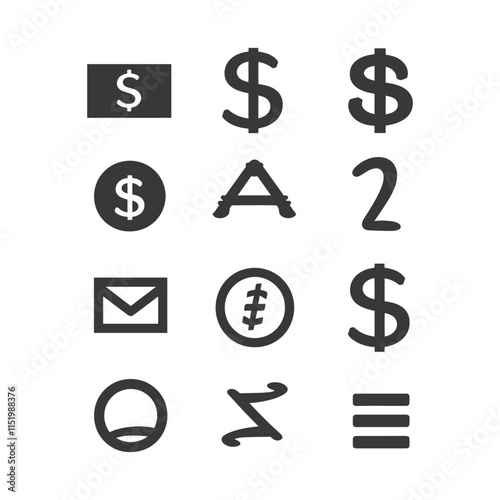 A Collection Of Black And White Icons Featuring The Dollar Sign Letters And Numbers