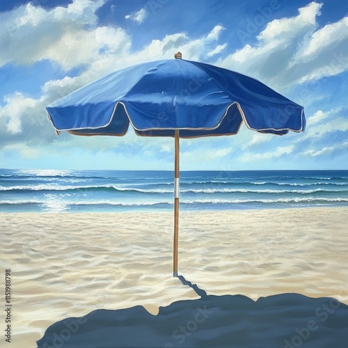 An umbrella set up on a sunlit beach, providing shade against the bright, sandy backdrop. photo