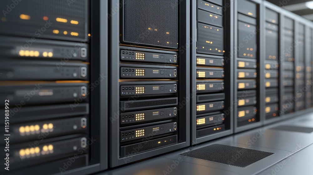 Inside the digital engine room, a row of servers powering the modern data center and driving online experiences Inside the digital engine room, a row of servers powering the modern data center and driving online experiences