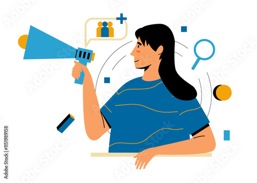 Business brainstorm. Woman with loudspeaker. Public speaker. Marketing announcement. Businessman speaking through megaphone. Promotion bullhorn. Activist agitation speech. Vector concept