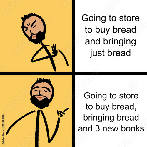 Reading and compulsive book purchasing - hobby problem. Funny meme for social media sharing.