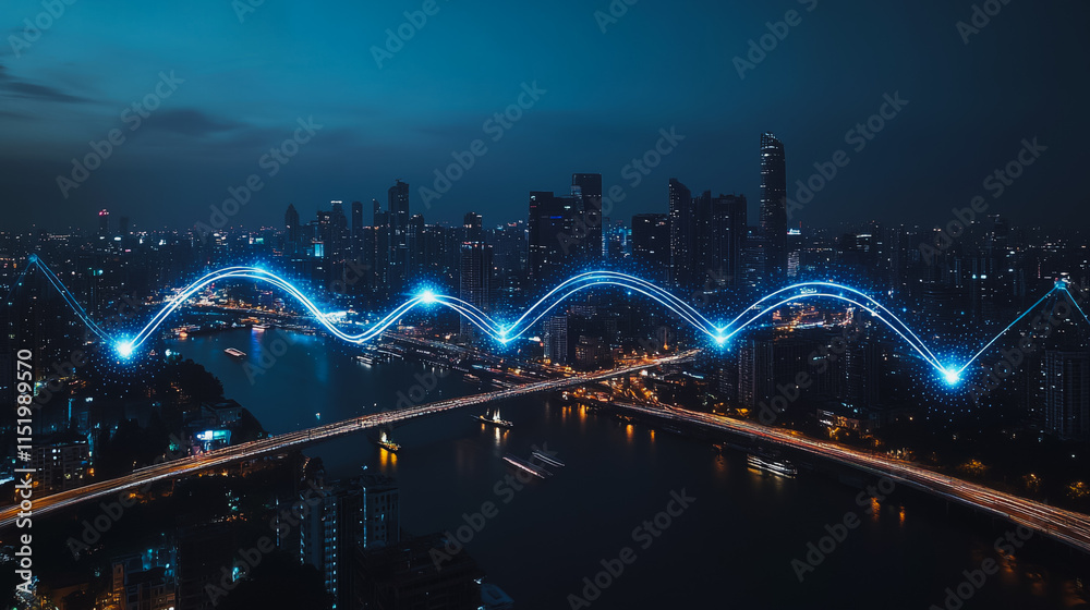 Obraz premium Smart digital city with connection cyber security network reciprocity over the cityscape . future smart wireless digital city and social media networking systems that connects people within the city