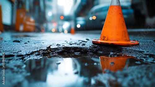 A detailed urban scene of a pothole filled with rainwater, highlighted by a nearby traffic cone, emphasizing repair and safety photo
