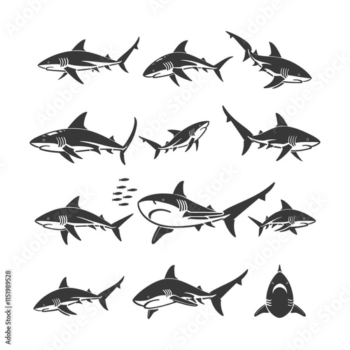 A Collection Of Black And White Shark Silhouettes In Various Poses