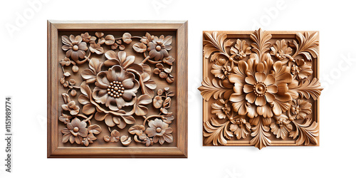 Intricate Floral Wood Carving in Square Frame on a Transparent Background photo