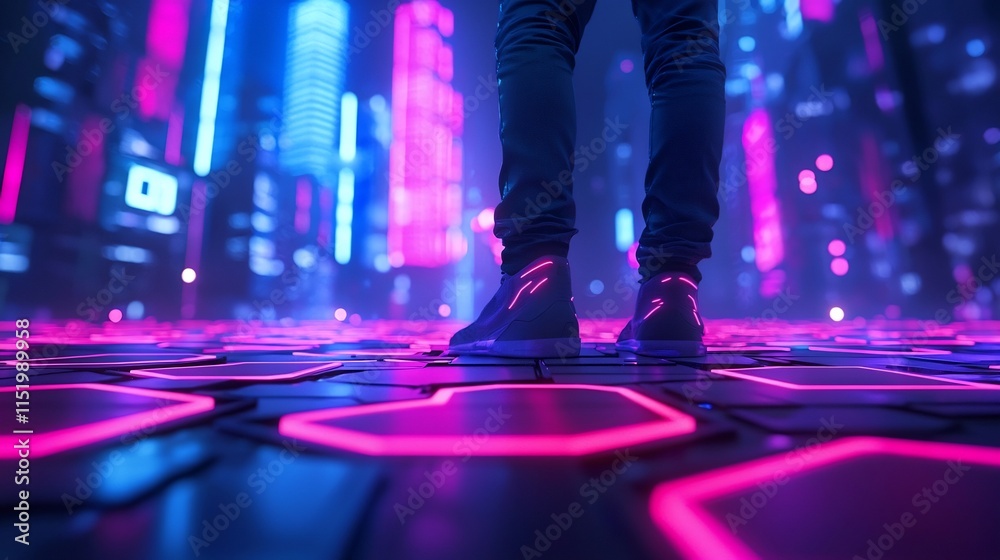 Fototapeta premium Futuristic City Plaza with Glowing Holographic Displays and Vibrant Tech Atmosphere