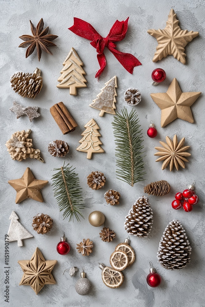 Fototapeta premium A charming arrangement of rustic Christmas decorations.