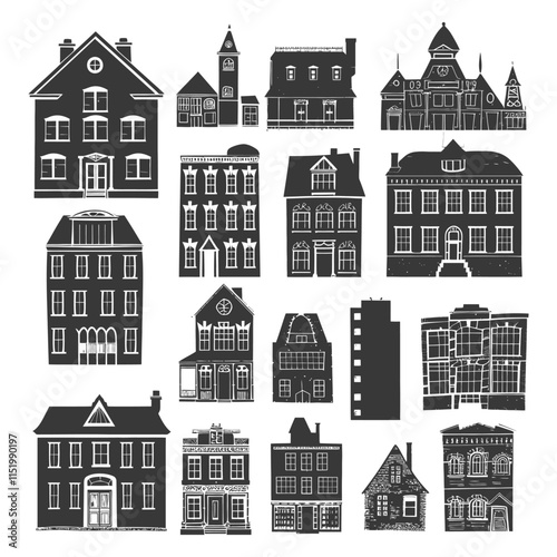 A Collection Of Black And White Silhouettes Of Houses