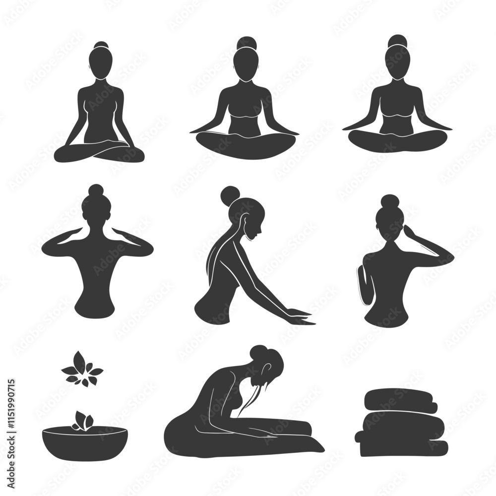 A Collection Of Black Silhouettes Depicting Various Yoga Poses And Associated Elements A Collection Of Black Silhouettes Depicting Various Yoga Poses And Associated Elements