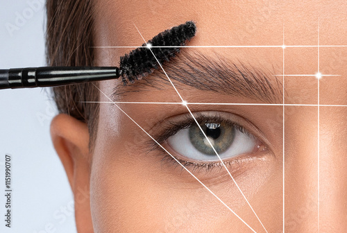 Permanent make-up for eyebrows of beautiful woman in beauty salon. Closeup beautician doing eyebrows tattooing. Collage before and after the procedure.