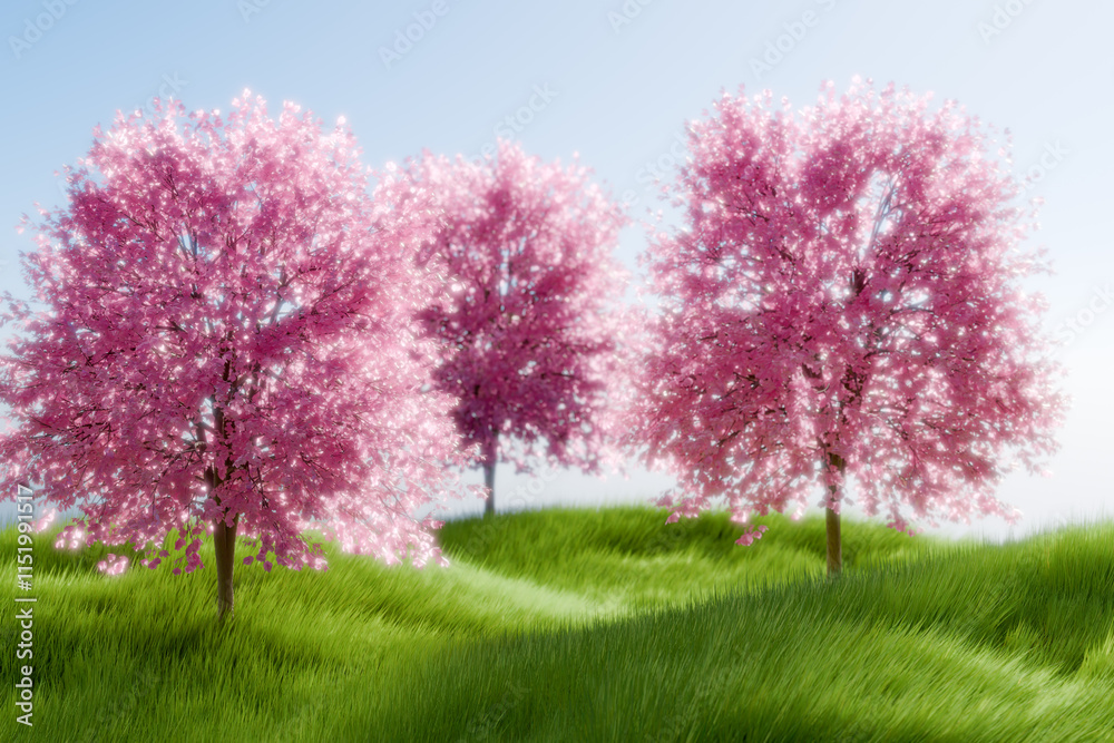 Beautiful cherry blossom trees in bloom on a sunny day, symbolizing spring and renewal. 3d rendering Beautiful cherry blossom trees in bloom on a sunny day, symbolizing spring and renewal. 3d rendering
