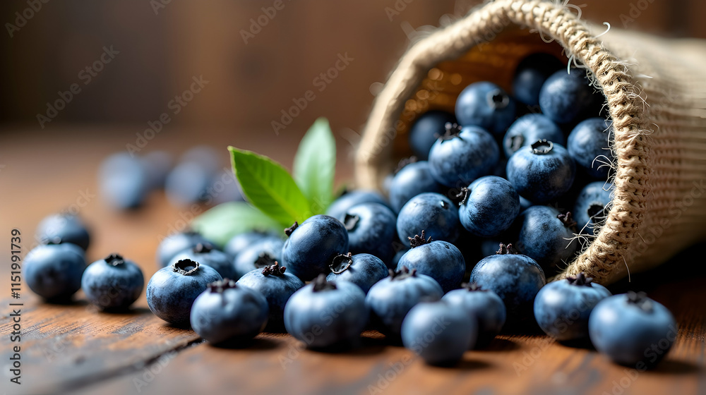 Juicy blueberries spilling from a burlap sack onto a rustic wooden surface. A burst of freshness! Juicy blueberries spilling from a burlap sack onto a rustic wooden surface. A burst of freshness!