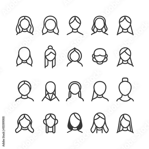 Collection Of 20 Outline Icons Depicting Female Hairstyles