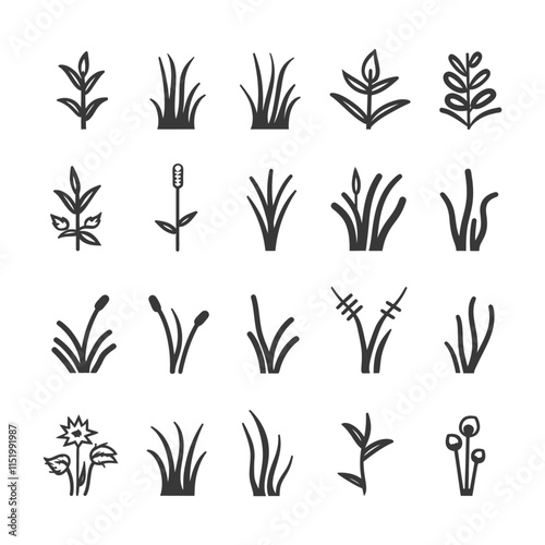 Collection Of 20 Simple Black And White Grass And Plant Icons