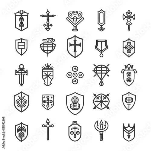 Collection Of 25 Black And White Outline Heraldic Shields And Weapons