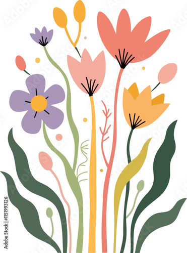 Matisse-Style Abstract Flower Wallpaper By Hand, Floral Panels. Trendy Matisse-style Minimalist, Isolated Vector illustrations.