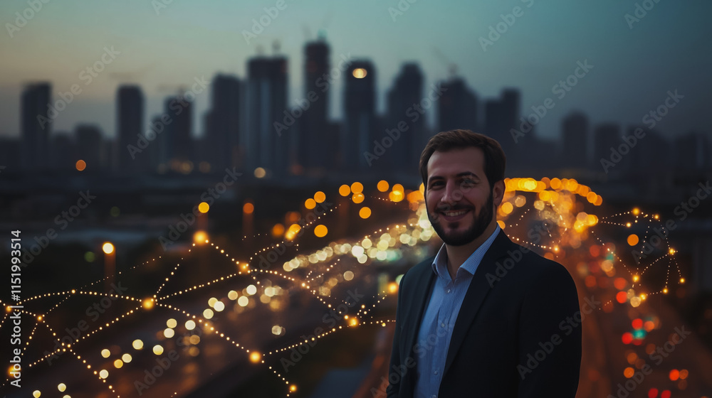Fototapeta premium Smart digital city with connection cyber security Abstract businessman stands on the peak of success Smart digital city with connection cyber security network reciprocity over the cityscape future w
