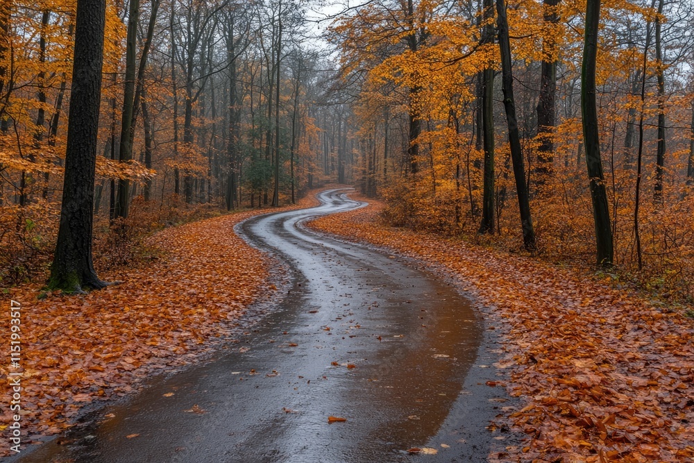 Obraz premium Winding Forest Road with Fallen Autumn Leaves and Wet Pavement