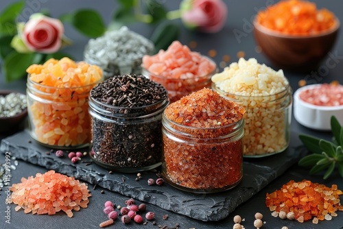 A Collection of Colorful Salts in Glass Jars on a Black Slate Surface photo