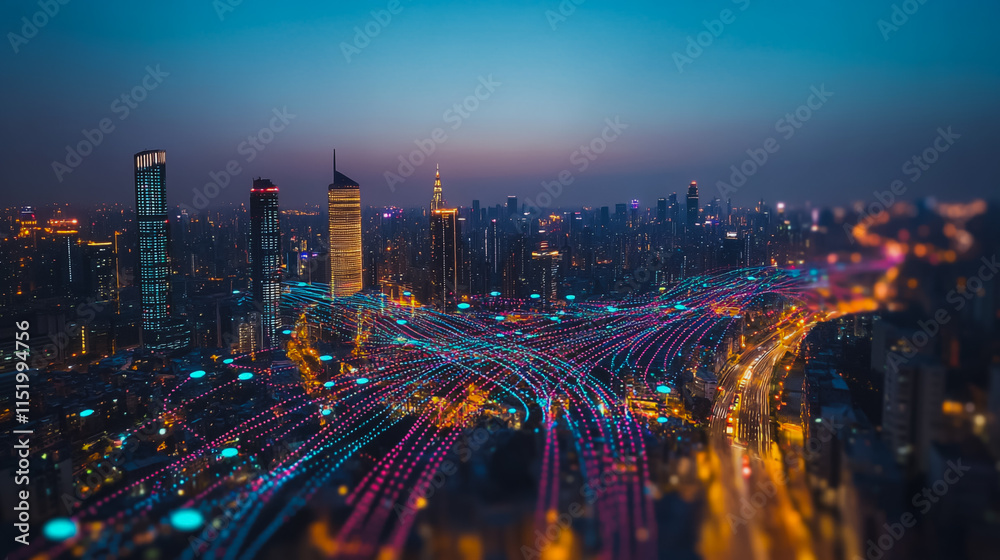Obraz premium Smart digital city with connection cyber security network reciprocity over the cityscape . future smart wireless digital city and social media networking systems that connects people within the city