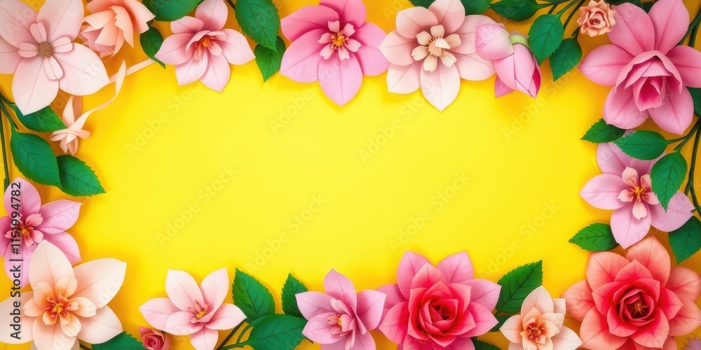 A bright yellow background with delicate pink flowers arranged in a frame, creating a vibrant and cheerful backdrop for any message or design. A bright yellow background with delicate pink flowers arranged in a frame, creating a vibrant and cheerful backdrop for any message or design.