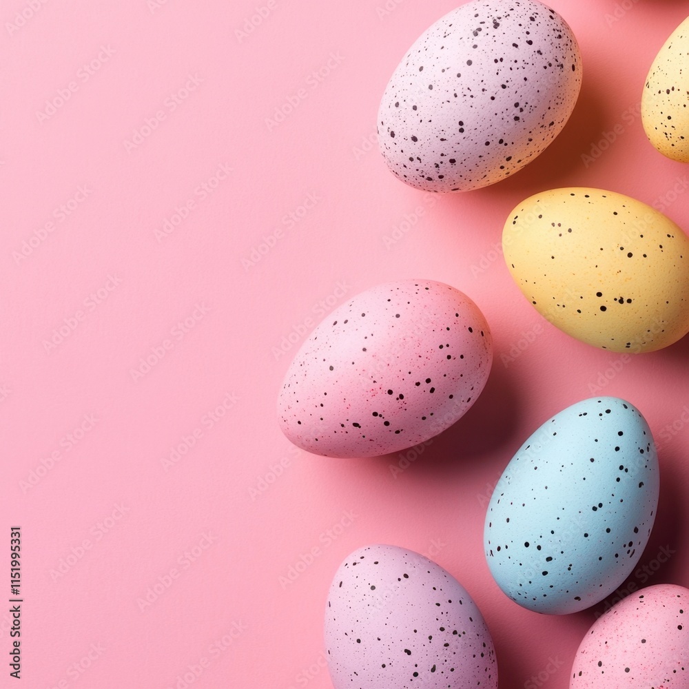Colorful speckled Easter eggs arranged on a pink background, creating a vibrant and festive scene perfect for celebrating the holiday. Colorful speckled Easter eggs arranged on a pink background, creating a vibrant and festive scene perfect for celebrating the holiday.