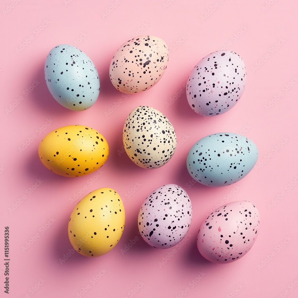 Colorful speckled Easter eggs arranged on a pink background, creating a vibrant and festive scene perfect for celebrating the holiday. Colorful speckled Easter eggs arranged on a pink background, creating a vibrant and festive scene perfect for celebrating the holiday.