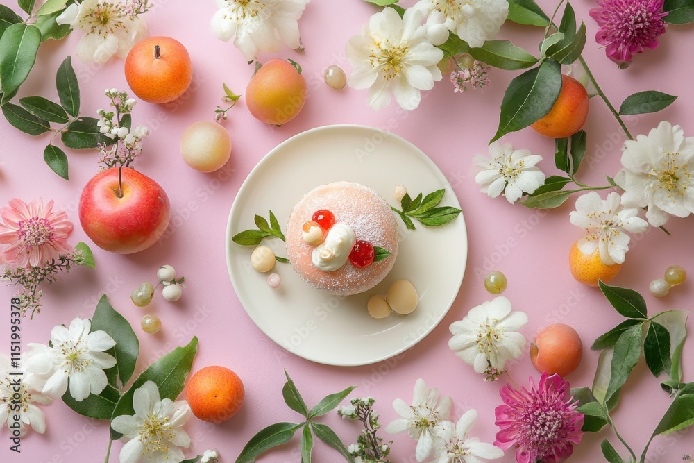Delicate Spring Cake Surrounded By Blossoms And Fruit Delicate Spring Cake Surrounded By Blossoms And Fruit