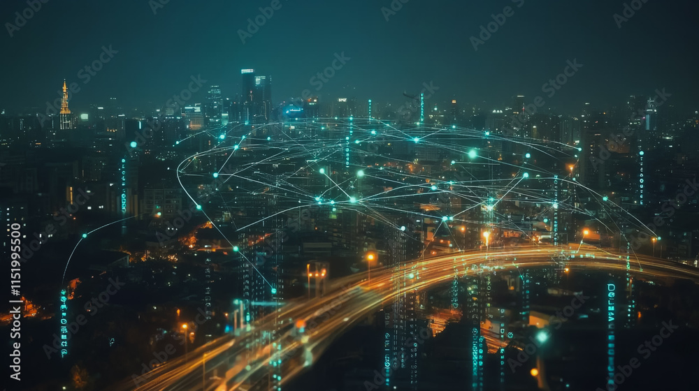 Smart digital city with connection cyber security network reciprocity over the cityscape . future smart wireless digital city and social media networking systems that connects people within the city