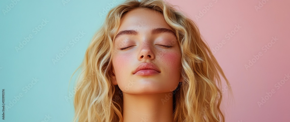 Skincare editorial shoot of a blonde model with eyes closed in front of a pastel background.