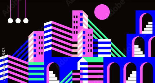 Geometric shapes. Abstract city geometry, fun color creative art. Minimal kid game, children style. Futuristic urban neon architecture, skyscrapers landscape, poster vector background design