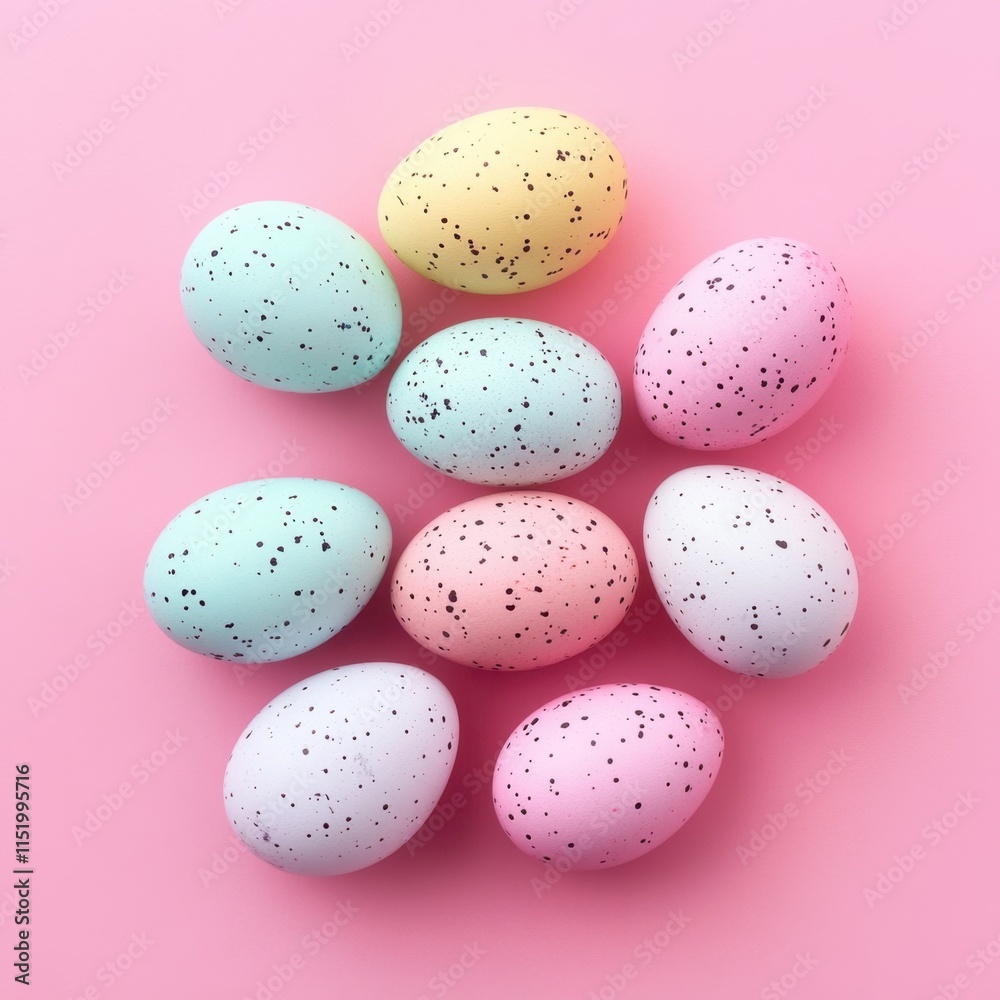 Colorful speckled Easter eggs arranged on a pink background, creating a vibrant and festive scene perfect for celebrating the holiday. Colorful speckled Easter eggs arranged on a pink background, creating a vibrant and festive scene perfect for celebrating the holiday.
