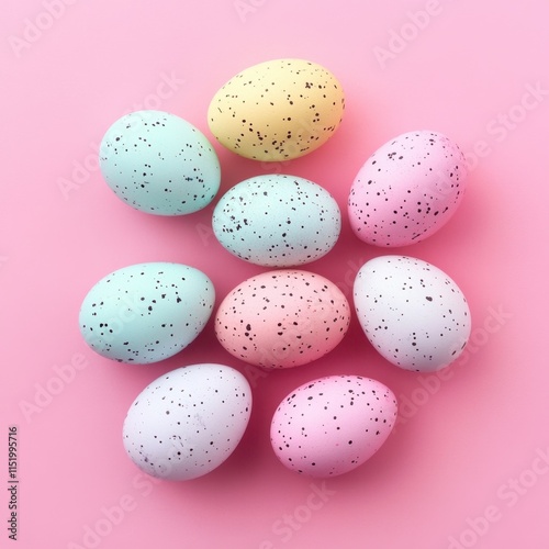 Colorful speckled Easter eggs arranged on a pink background, creating a vibrant and festive scene perfect for celebrating the holiday. photo