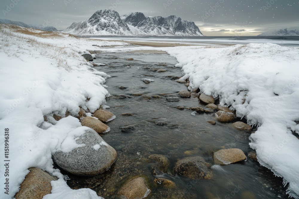 Northern Lights, snowy mountains, sandy beach, creek at starry winter night. Lofoten islands, Norway. Amazing Aurora borealis. Sky with polar lights. Landscape with aurora, sea, stream, rocks in snow Northern Lights, snowy mountains, sandy beach, creek at starry winter night. Lofoten islands, Norway. Amazing Aurora borealis. Sky with polar lights. Landscape with aurora, sea, stream, rocks in snow