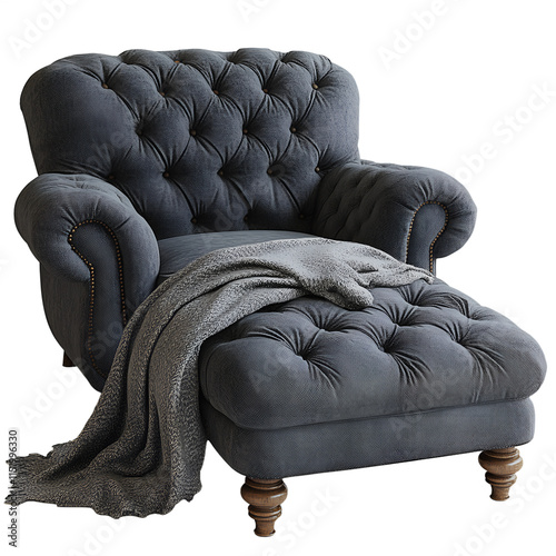 Luxurious Gray Tufted Wingback Chair and Ottoman Set png isolated on transparent background photo