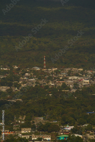 View of the landscape and buildings below mount Karthala n Moroni Island of Comores photo